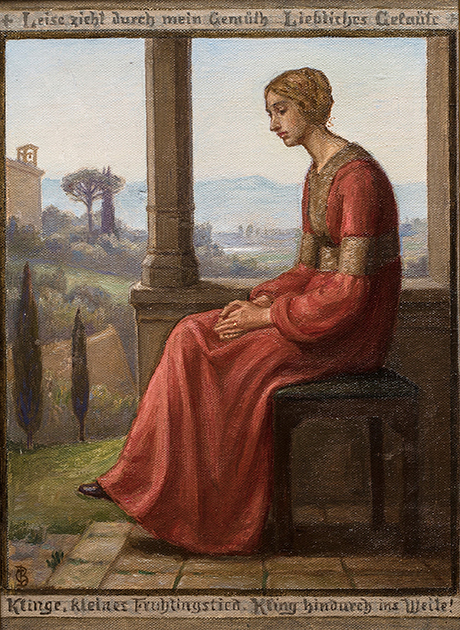 Christian Bang: Motiv med dame i rød kjole (19XX). I familiens eje. Affotografering af Ole Haupt. 