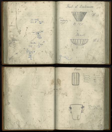 To opslag fra Arne Bangs modelbog. Heri var opført samtlige modeller som blev produceret. Genstandsnummeret påført i bunden, er listet op kronologisk fra denne bog. (1930erne). Skan af Simon Bang. I familiens eje