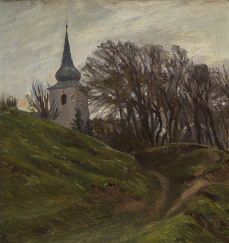 Christian Bang: ”Motiv med Kirke” (19XX). I familiens eje. Affotografering af Ole Haupt. 