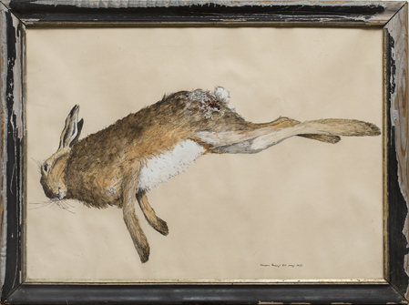 Simon Bang: ”Trafikdræbt hare” (1977). I familiens eje. Affotografering af Ole Haupt. 